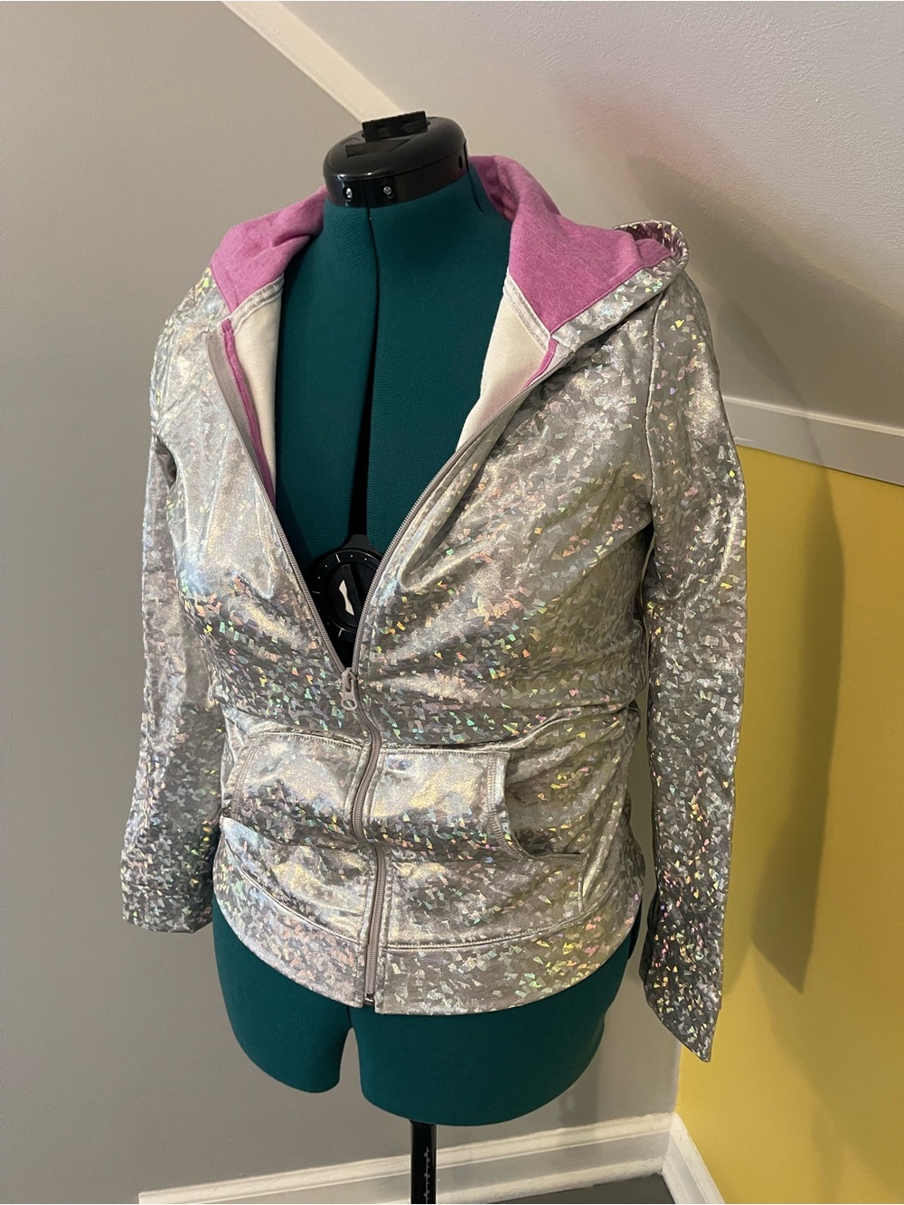 Iridescent/Holographic Silver Hooded Jacket with Pink/Purple Lining